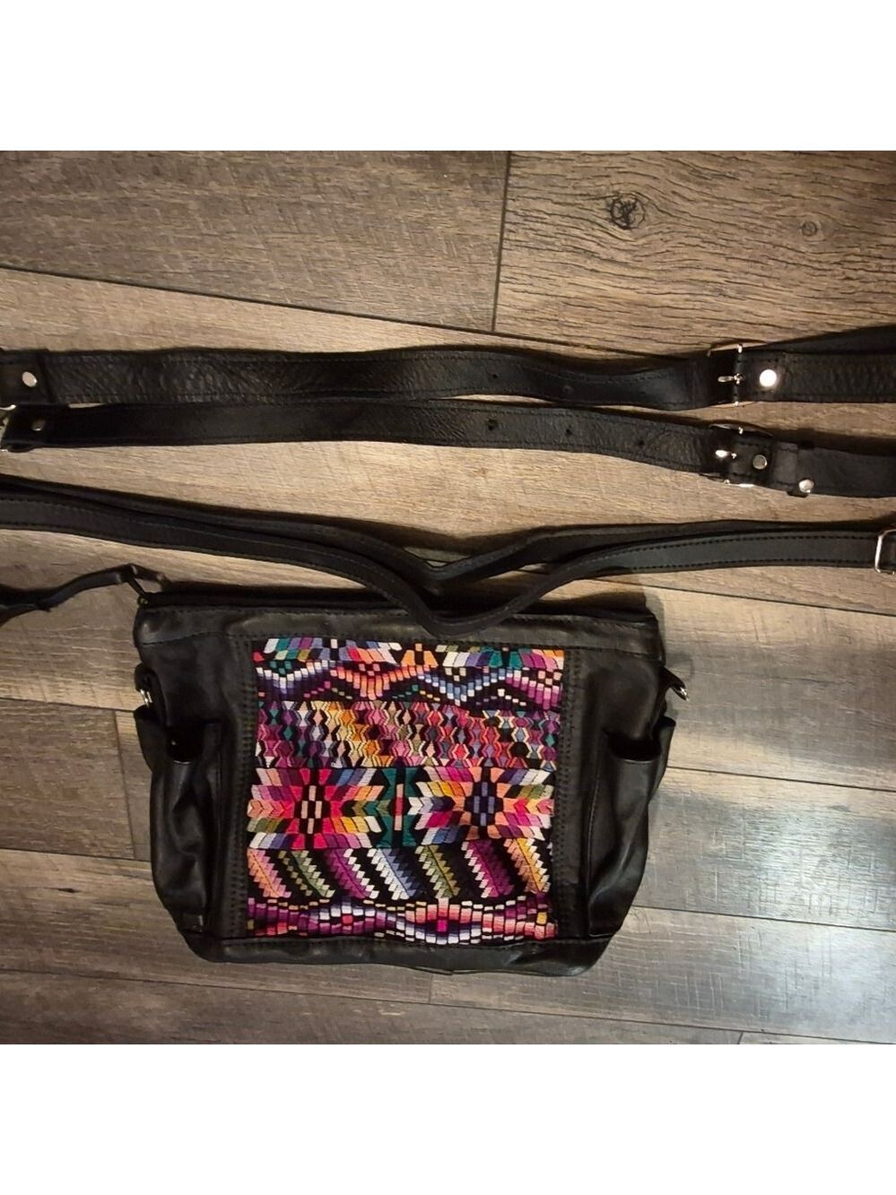 Colorful Patterned Black Leather Women's Bag - Picture 3 of 15